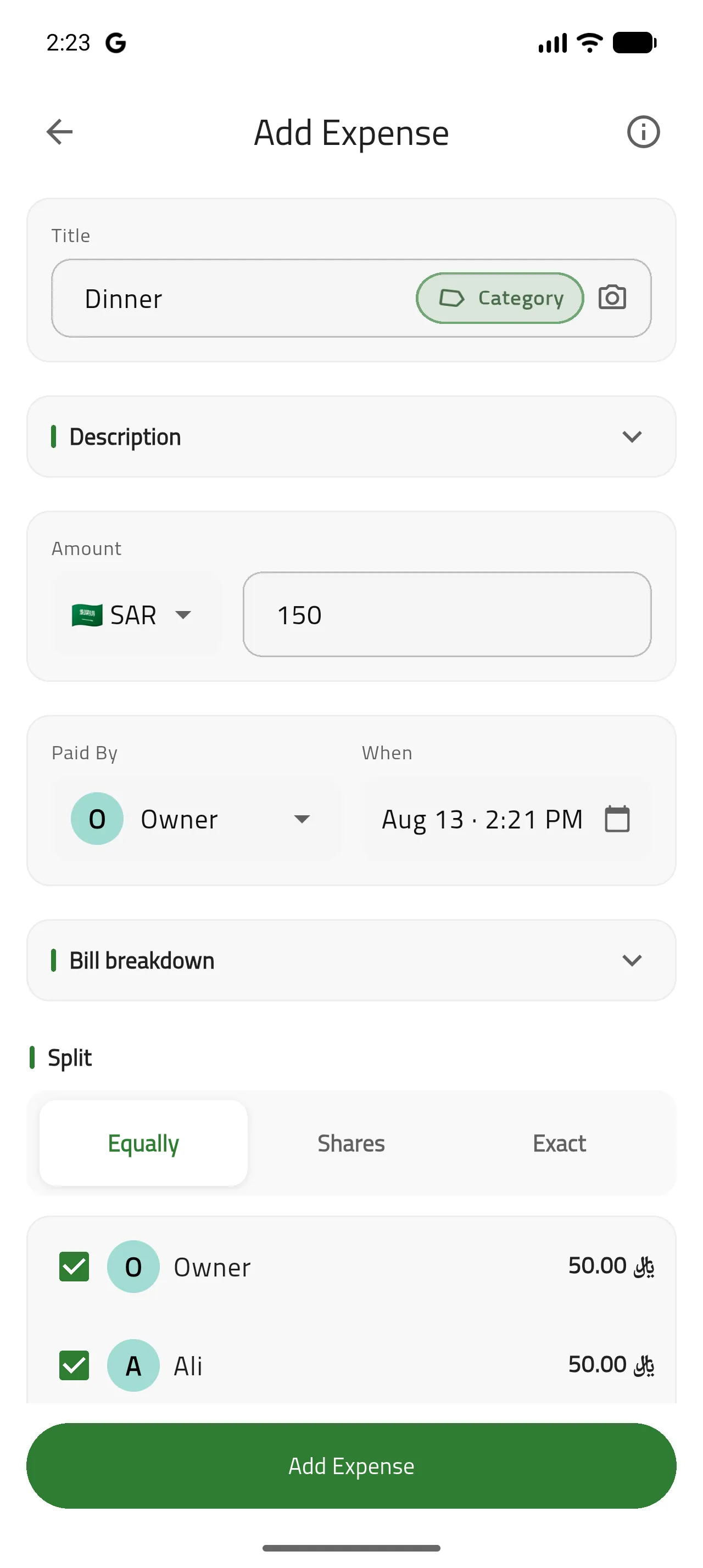 Add expense form with title, amount, payer, date, and split
