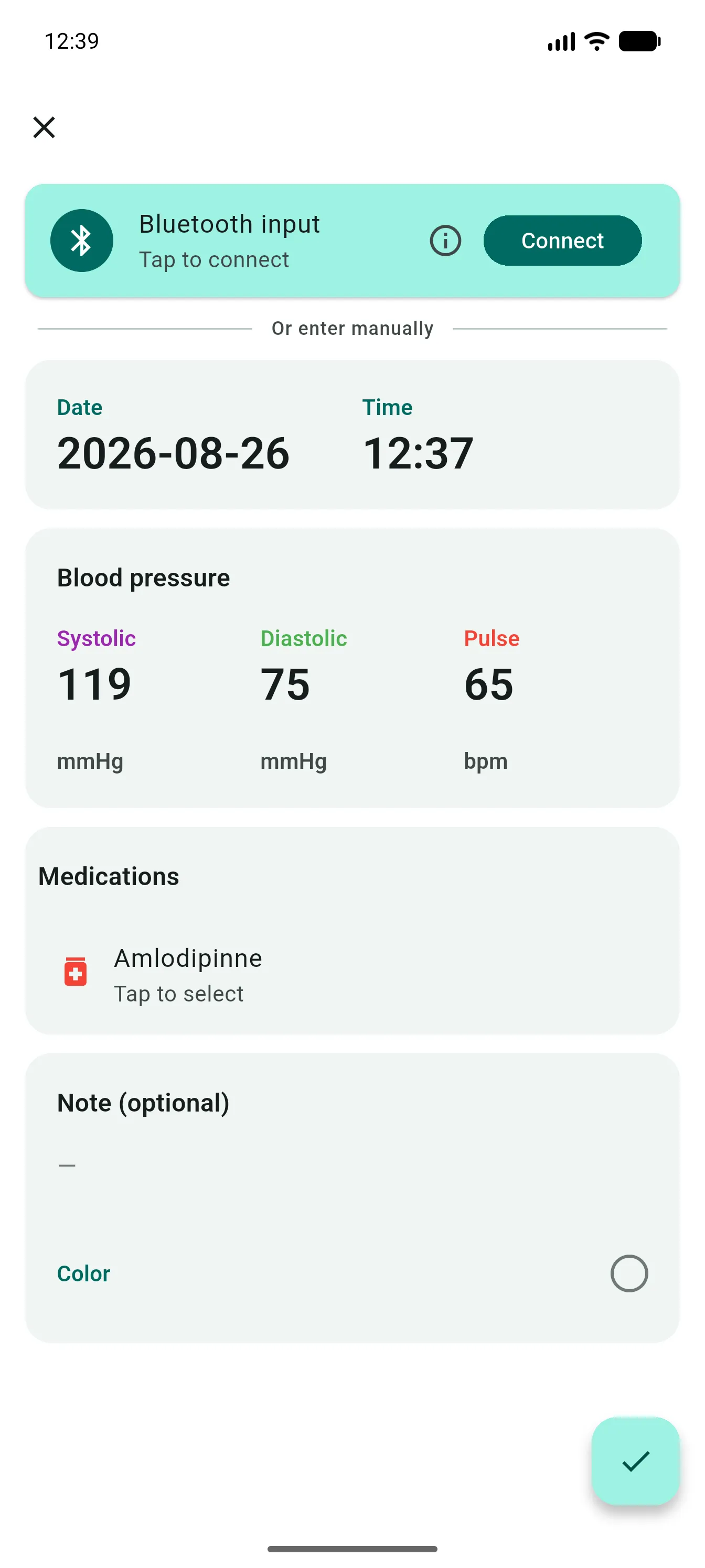 Add reading screen with Bluetooth connect, date, systolic 119, diastolic 75, and pulse 65