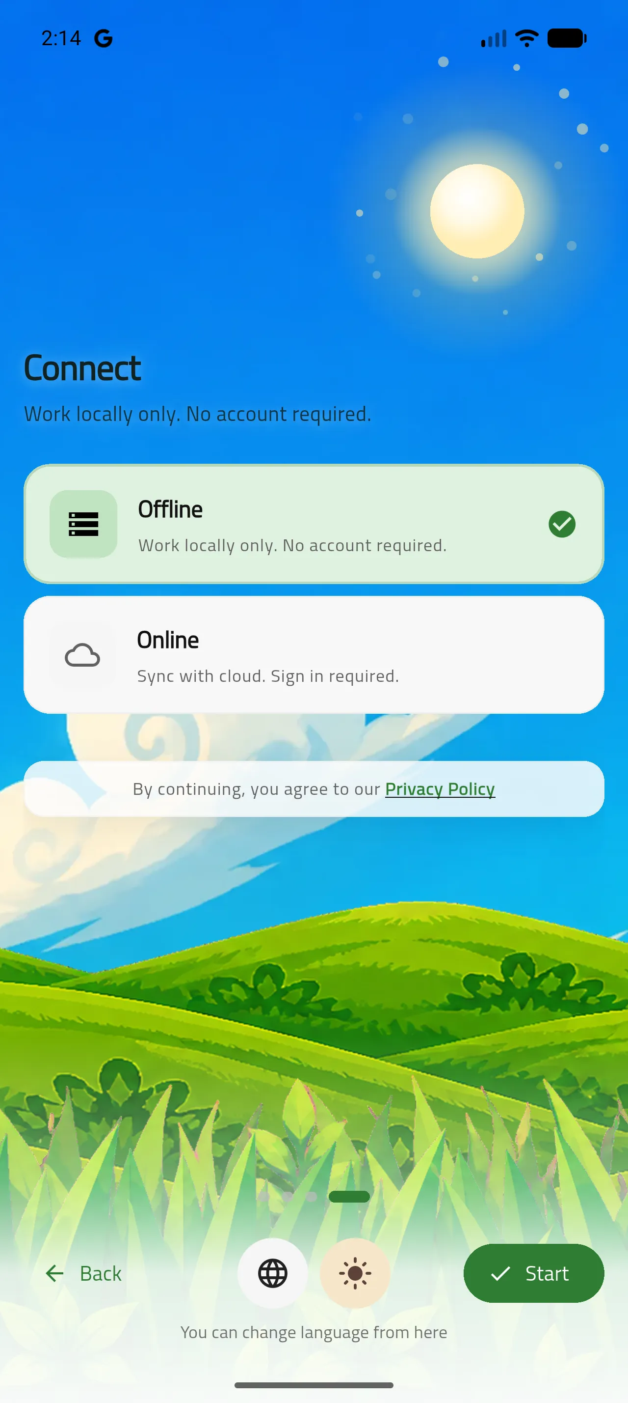 Setup step offering local-only or connected mode