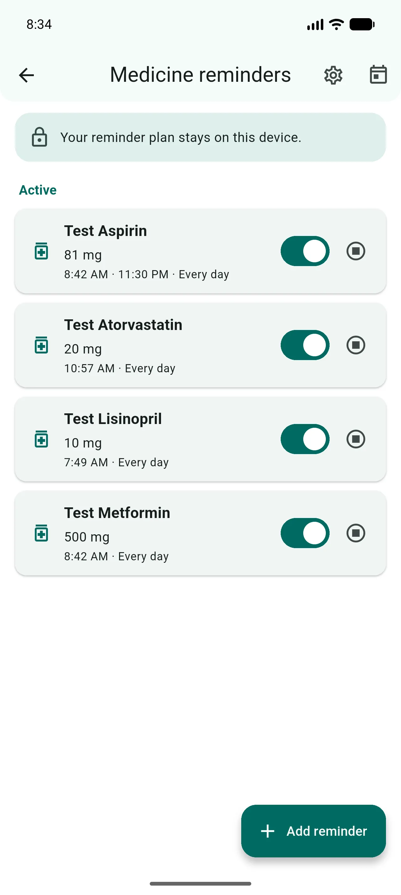 Medicine reminders with doses, times, and a note that the plan stays on the device