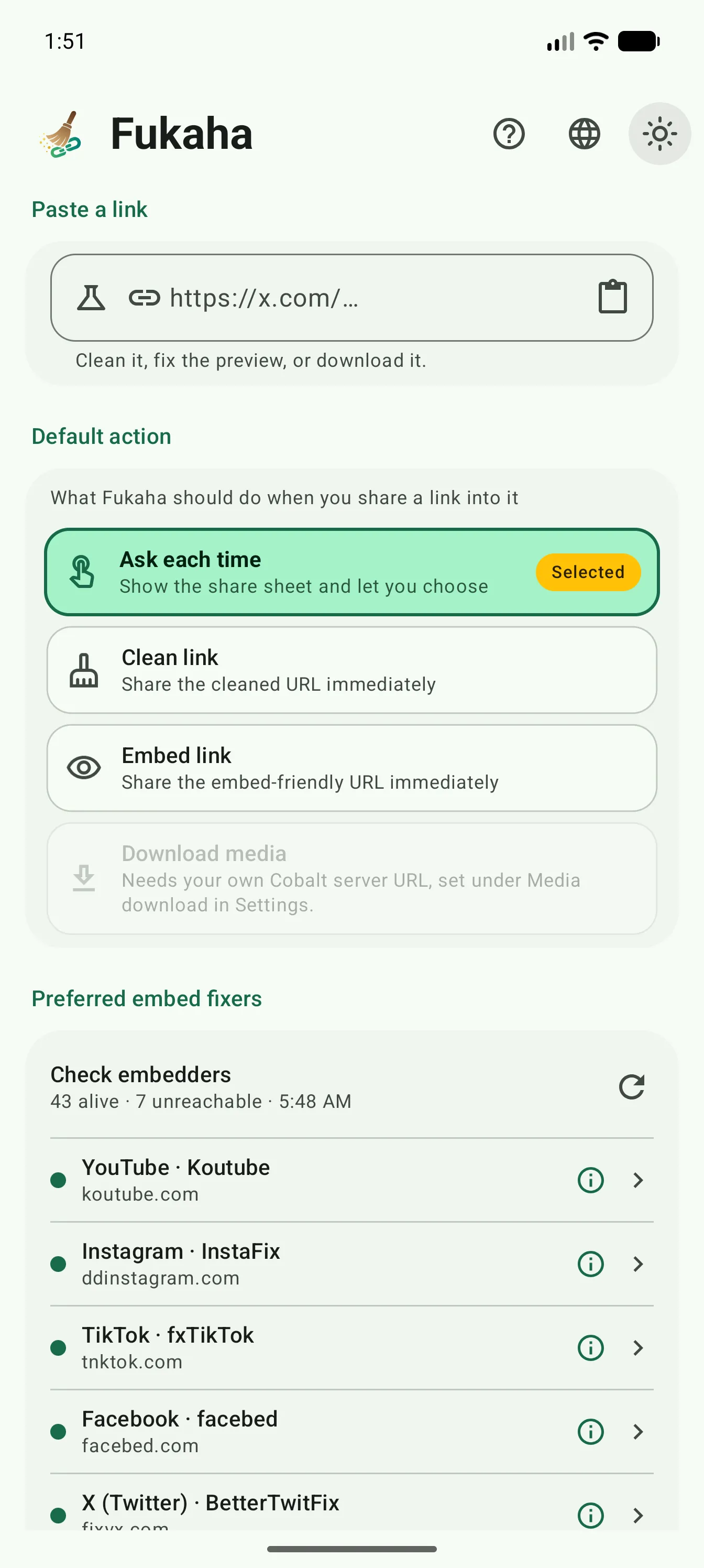 Settings with a paste field, default share actions, and embedder health