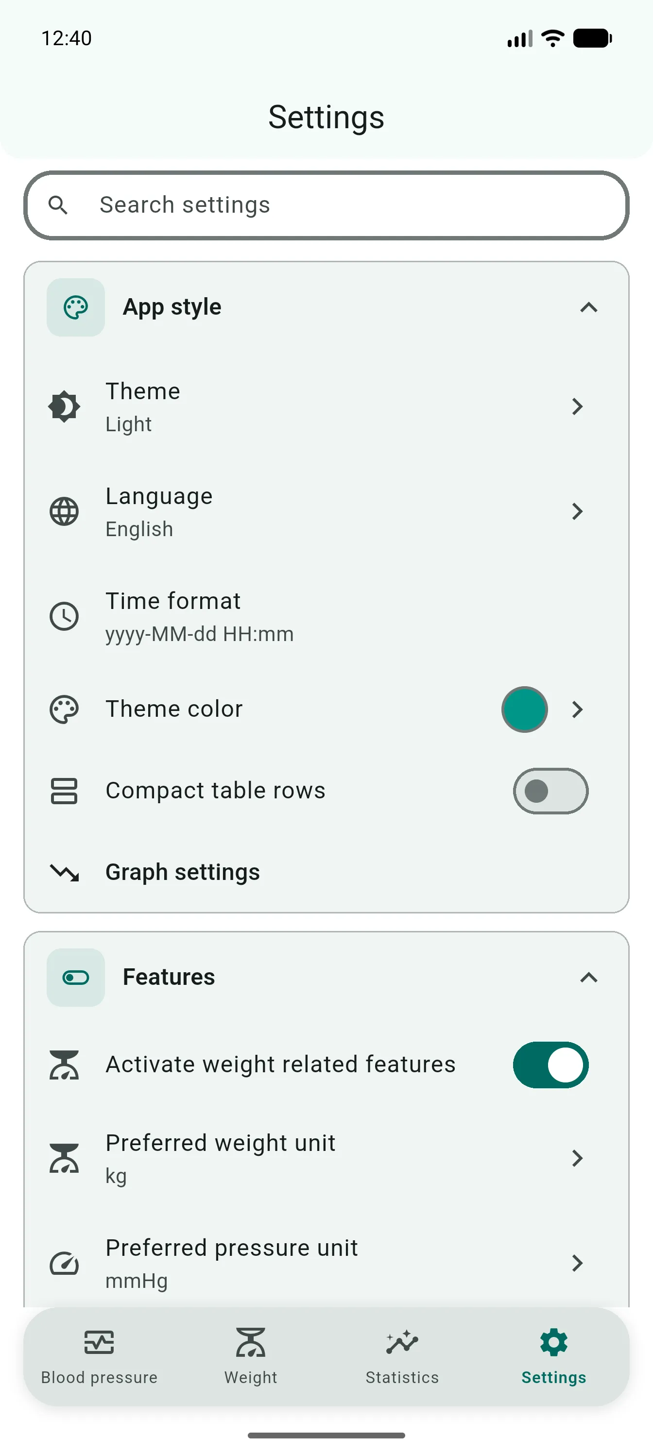 Settings with theme, language, units, and weight features turned on