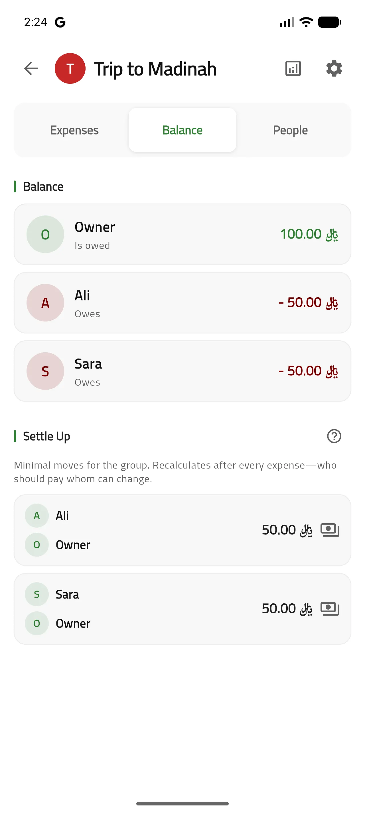 Settlement settings showing group currency and settlement methods