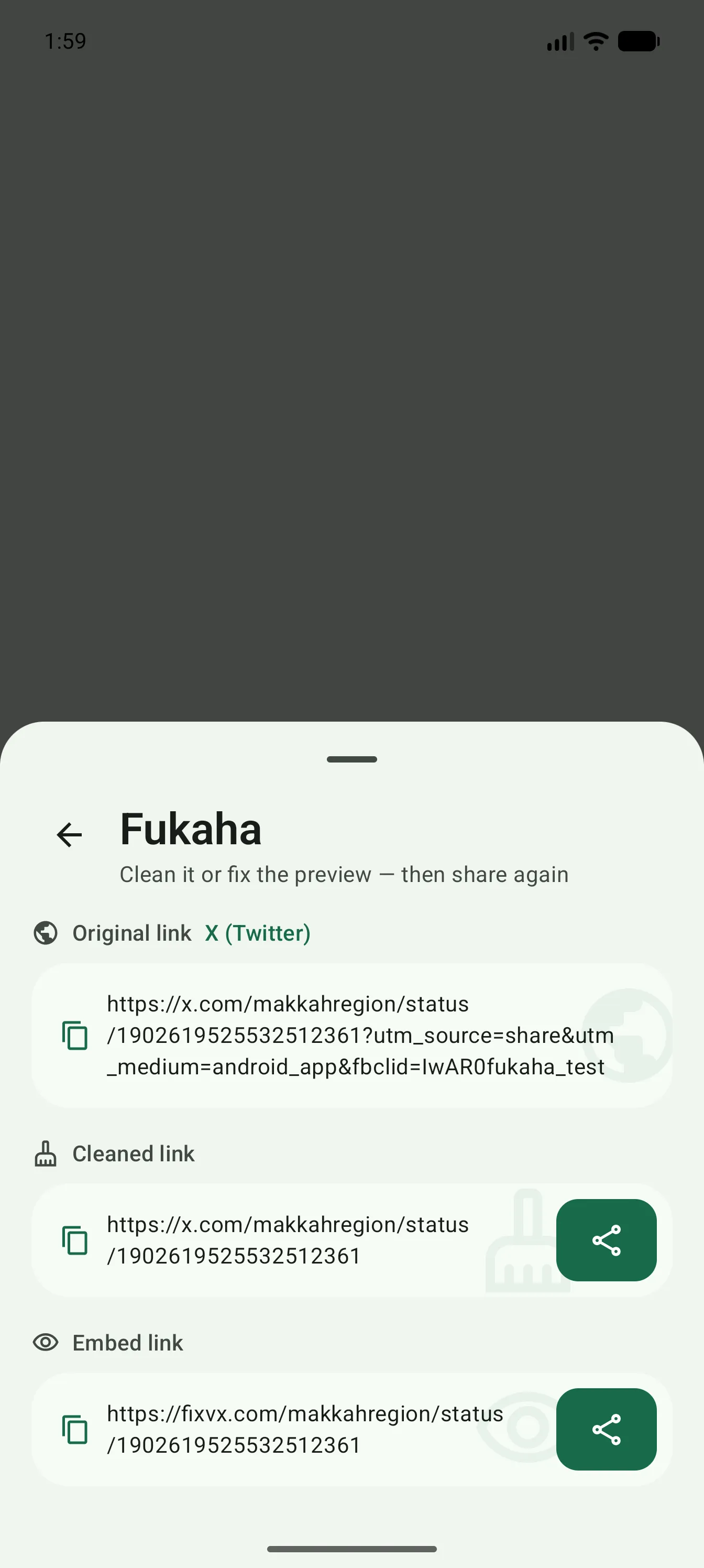 Fukaha share sheet showing the original link beside its cleaned and embed versions