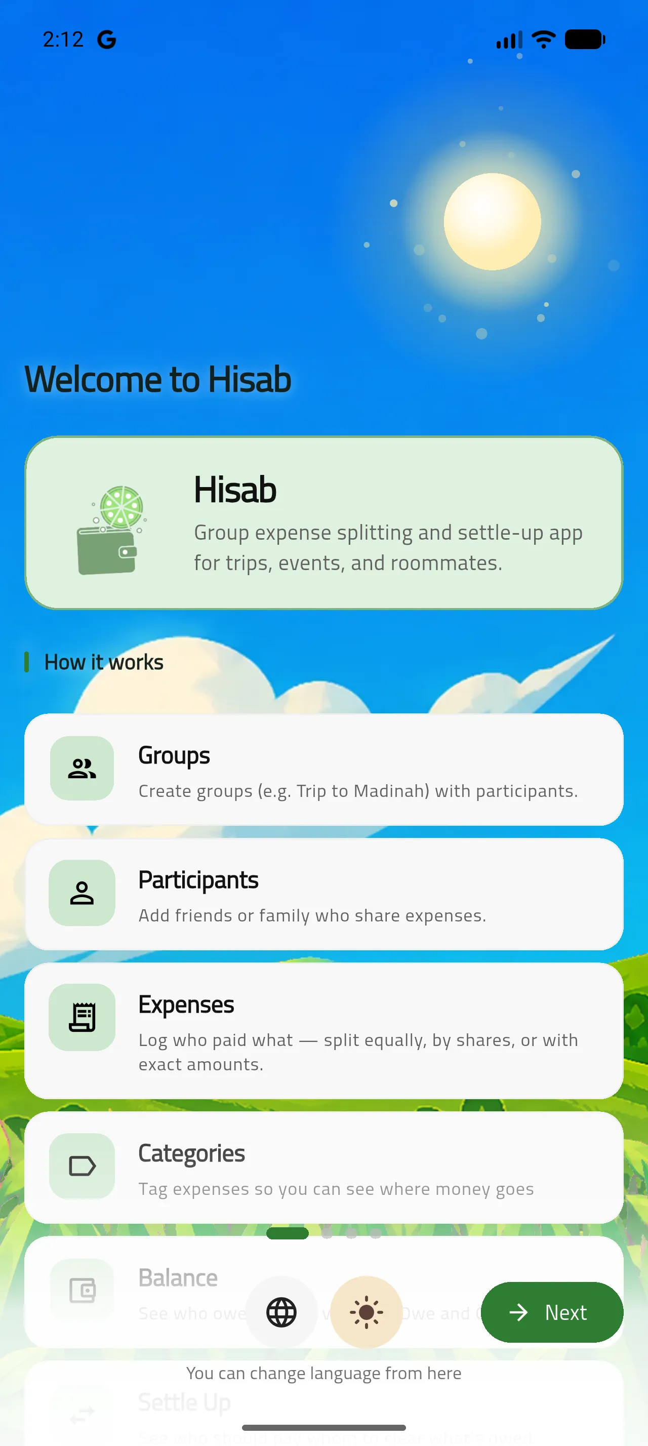 Hisab welcome screen explaining groups, expenses, and settle-up